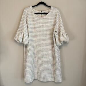 Loft Women's Cream Striped Bubble Sleeve Pocketed Shift Mini Dress Size 16/18